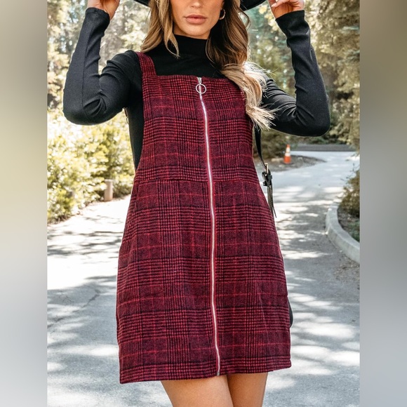 Women's Mini Dress Plaid O-Ring Zip Wide Straps Sleeveless Overall Dress - Picture 1 of 9